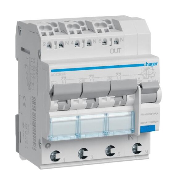 Hager FI/LS-Schalter ADZ366D 3x 1polig+N 6kA C16A 0,03A A