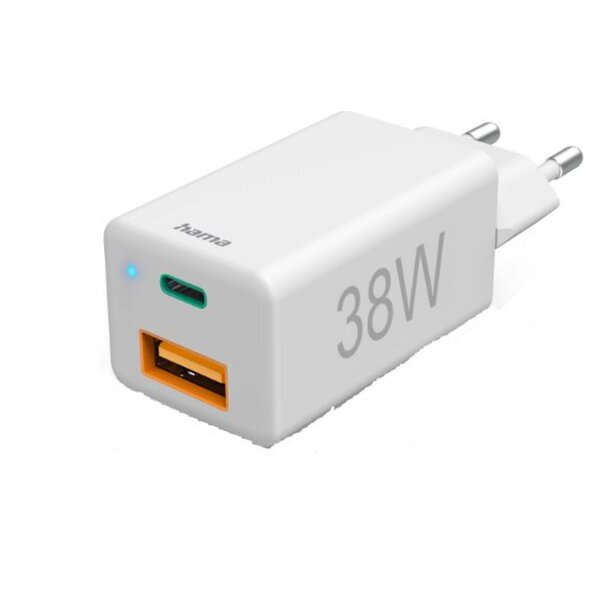 HAMA Schnellladegerät 1x USB-C PD, 1x USB-A QC, 38 W, weiß